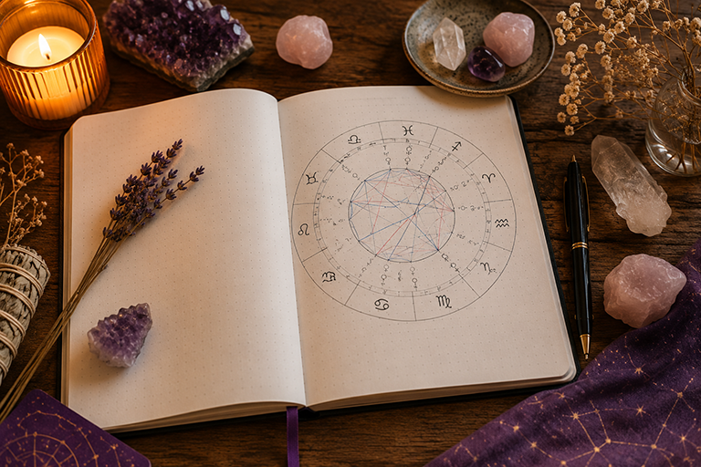 Caderno com mapa astral desenhado